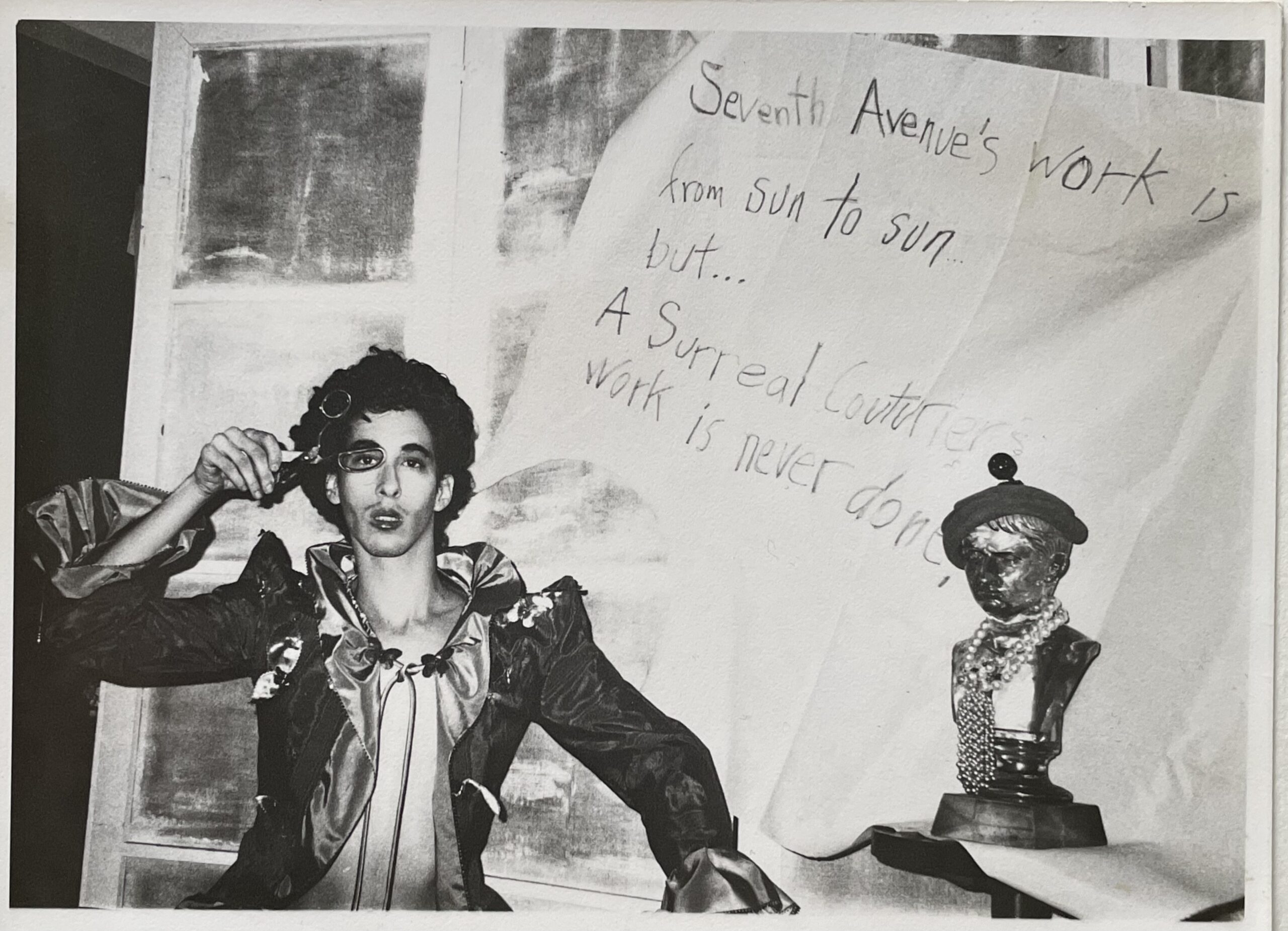Aged 15 years old, Billy Boy is in his Park Avenue apartment, wearing one of his Surreal Couture jacket and holding a pair of scissors as if they were theater binoculars.